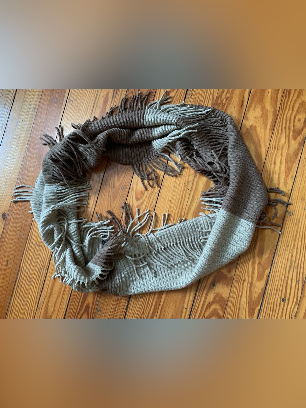 Neutral Two-Tone Fringe Infinity Scarf — Beige and Brown